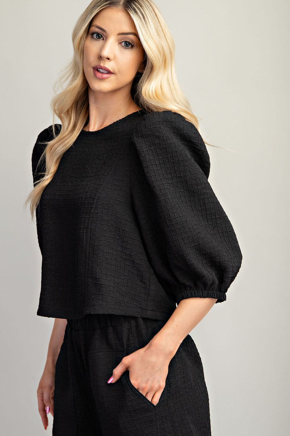 Textured Puff-Sleeve Short Set