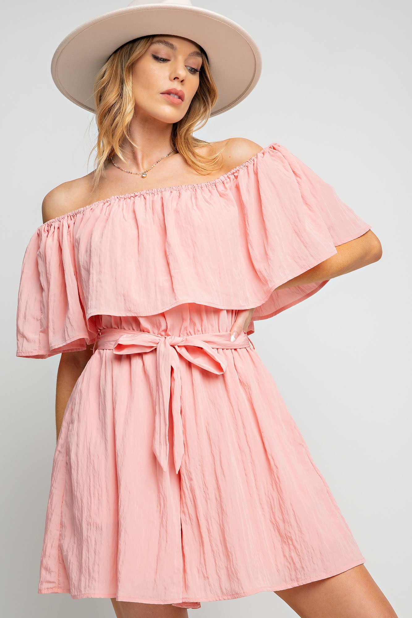 Dull satin off the shoulder Romper