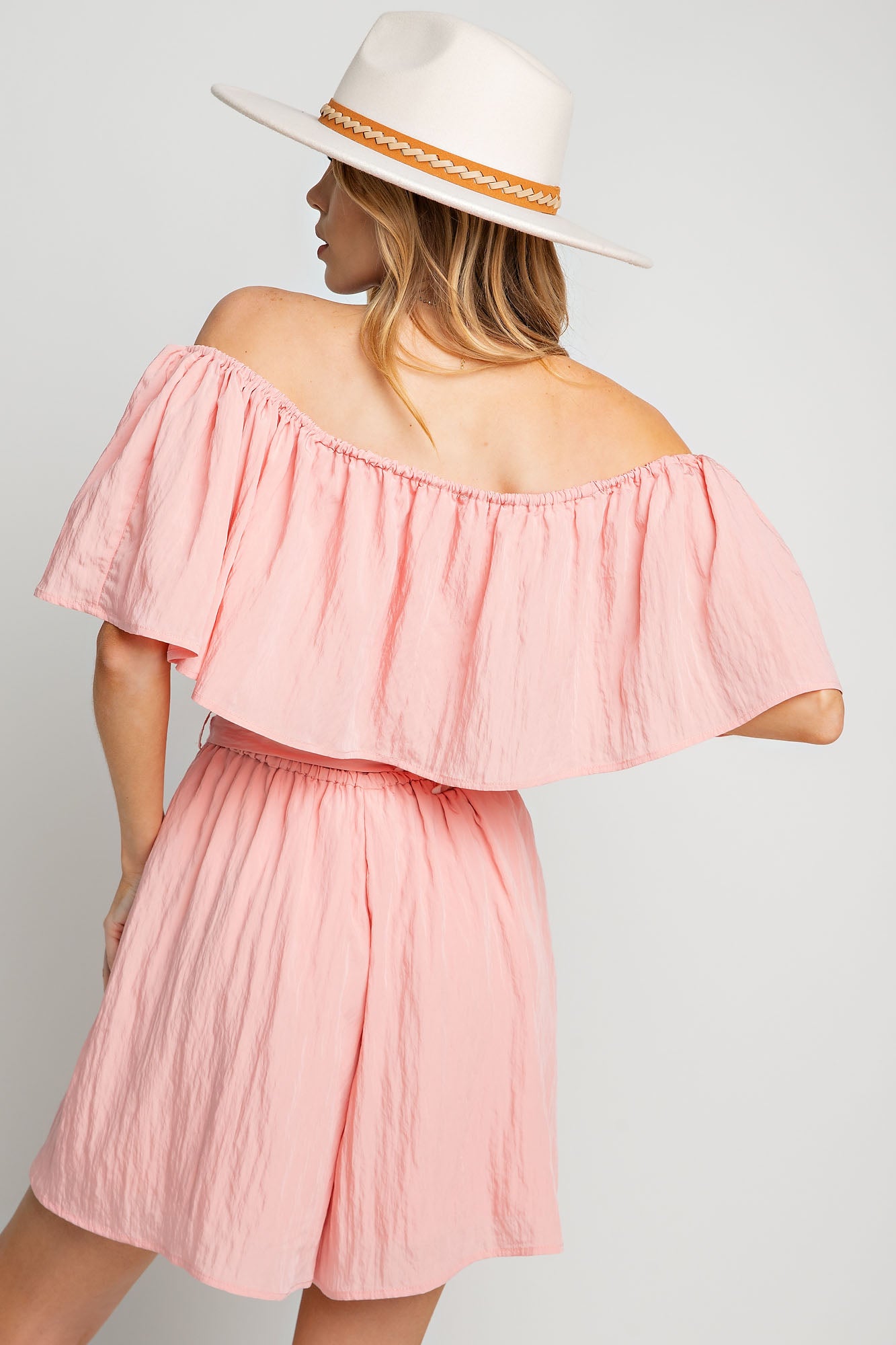 Dull satin off the shoulder Romper
