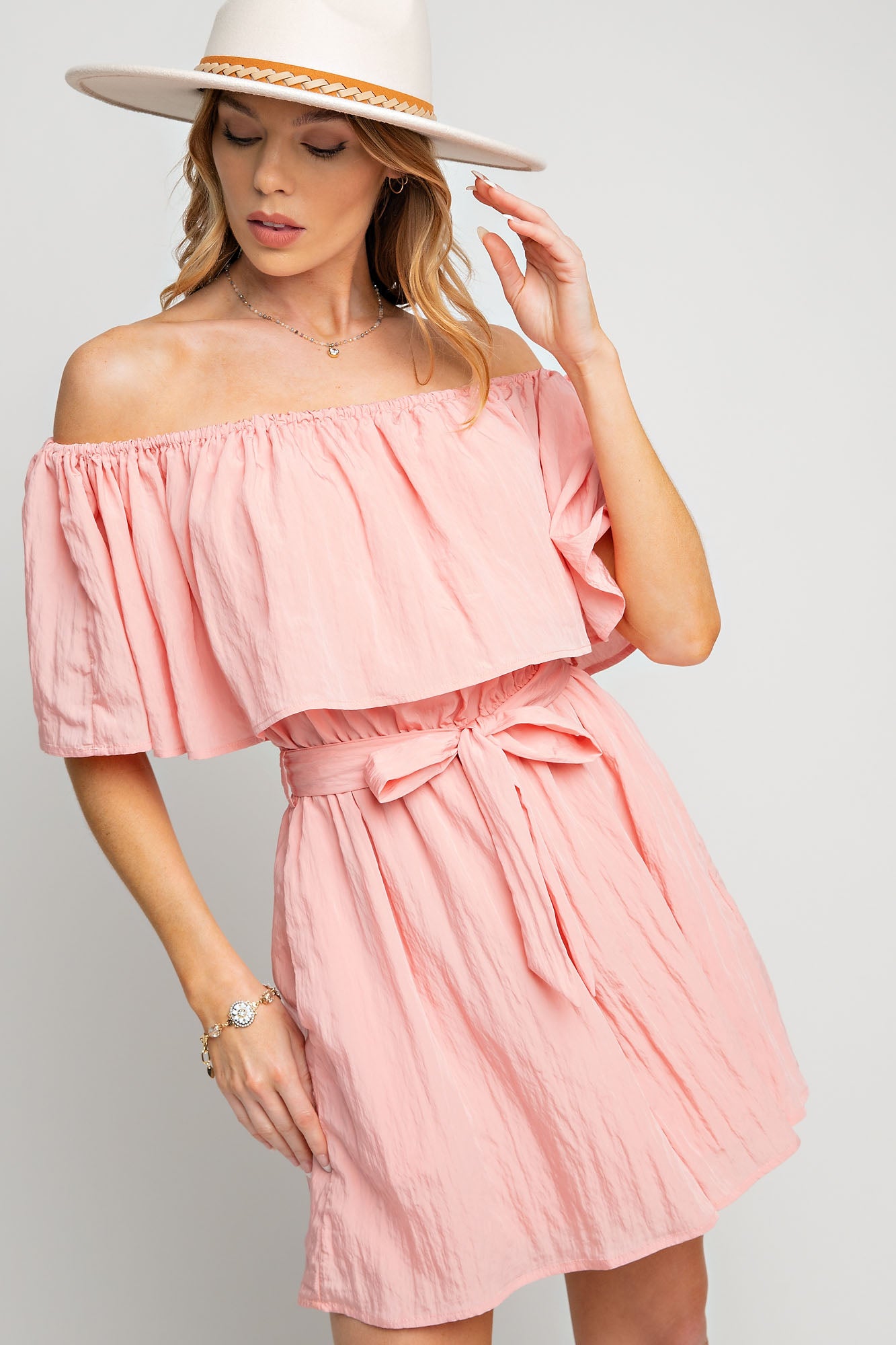 Dull satin off the shoulder Romper