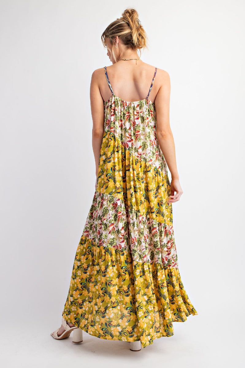 Printed Floral Color Block Flowy Maxi Dress
