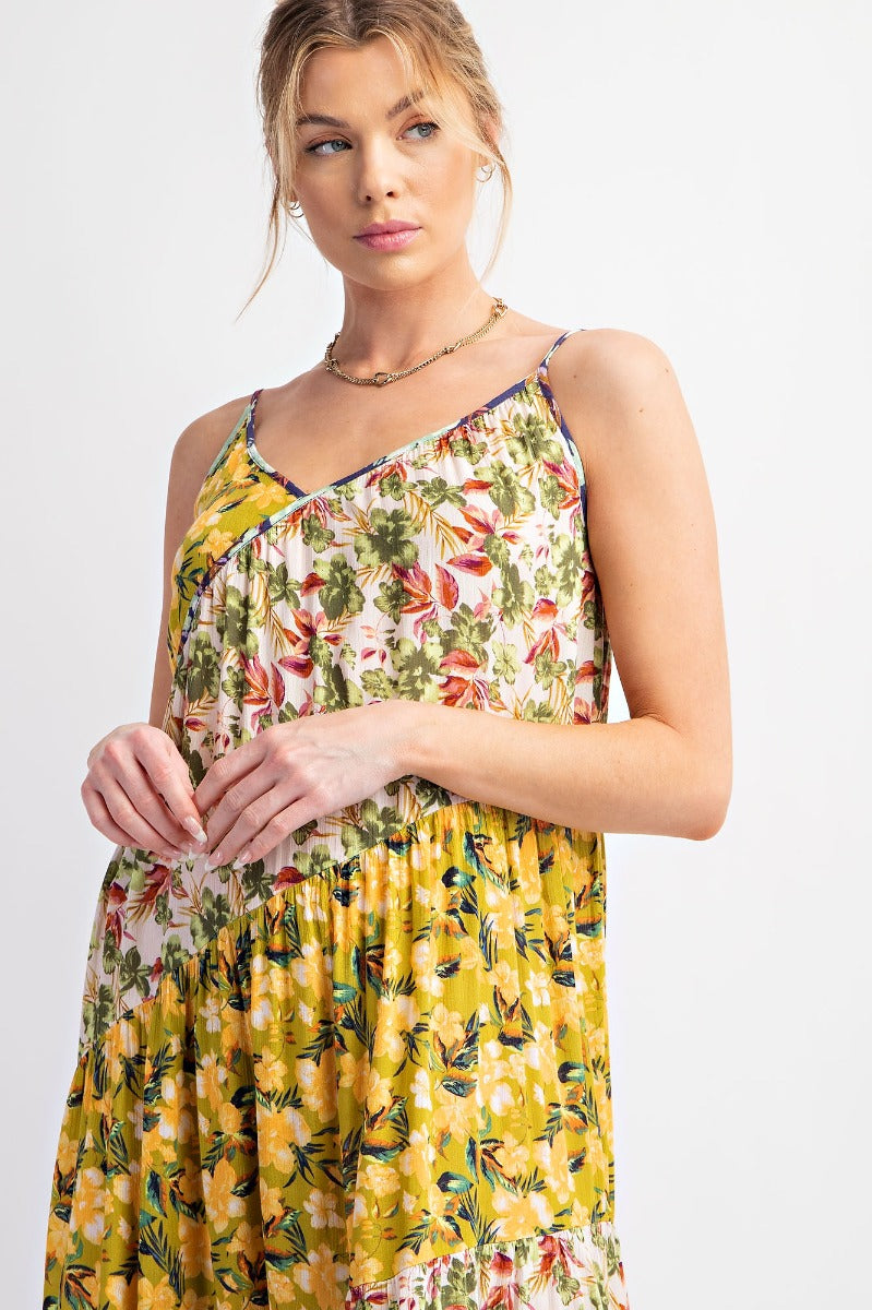 Printed Floral Color Block Flowy Maxi Dress