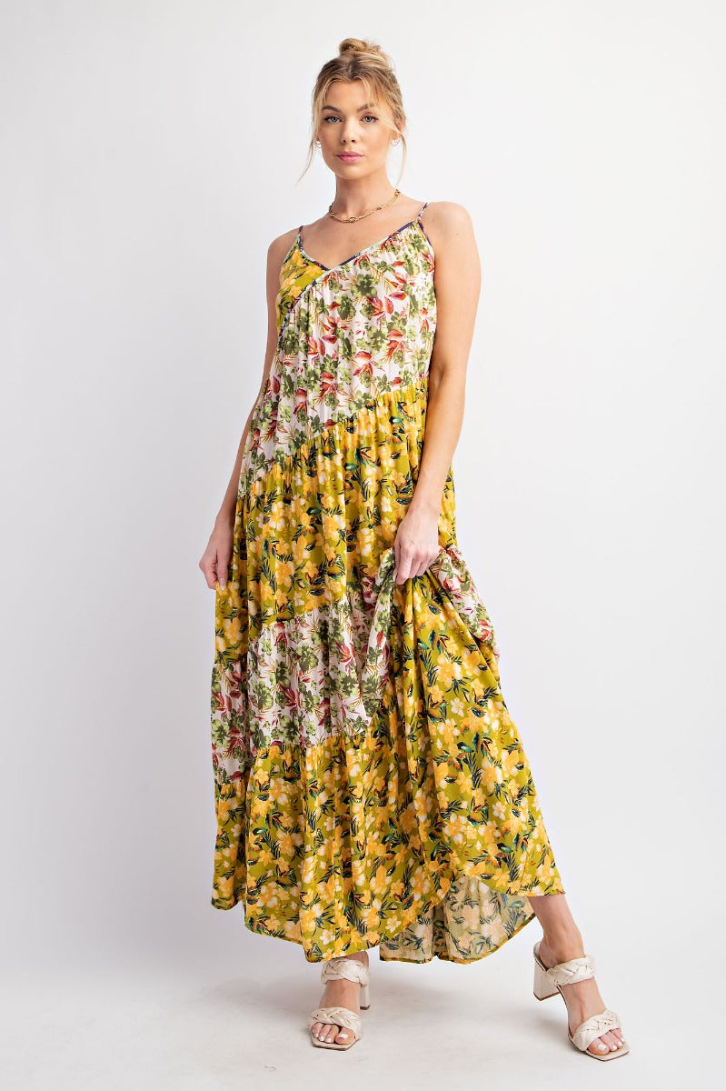 Printed Floral Color Block Flowy Maxi Dress