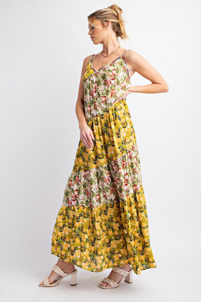 Printed Floral Color Block Flowy Maxi Dress