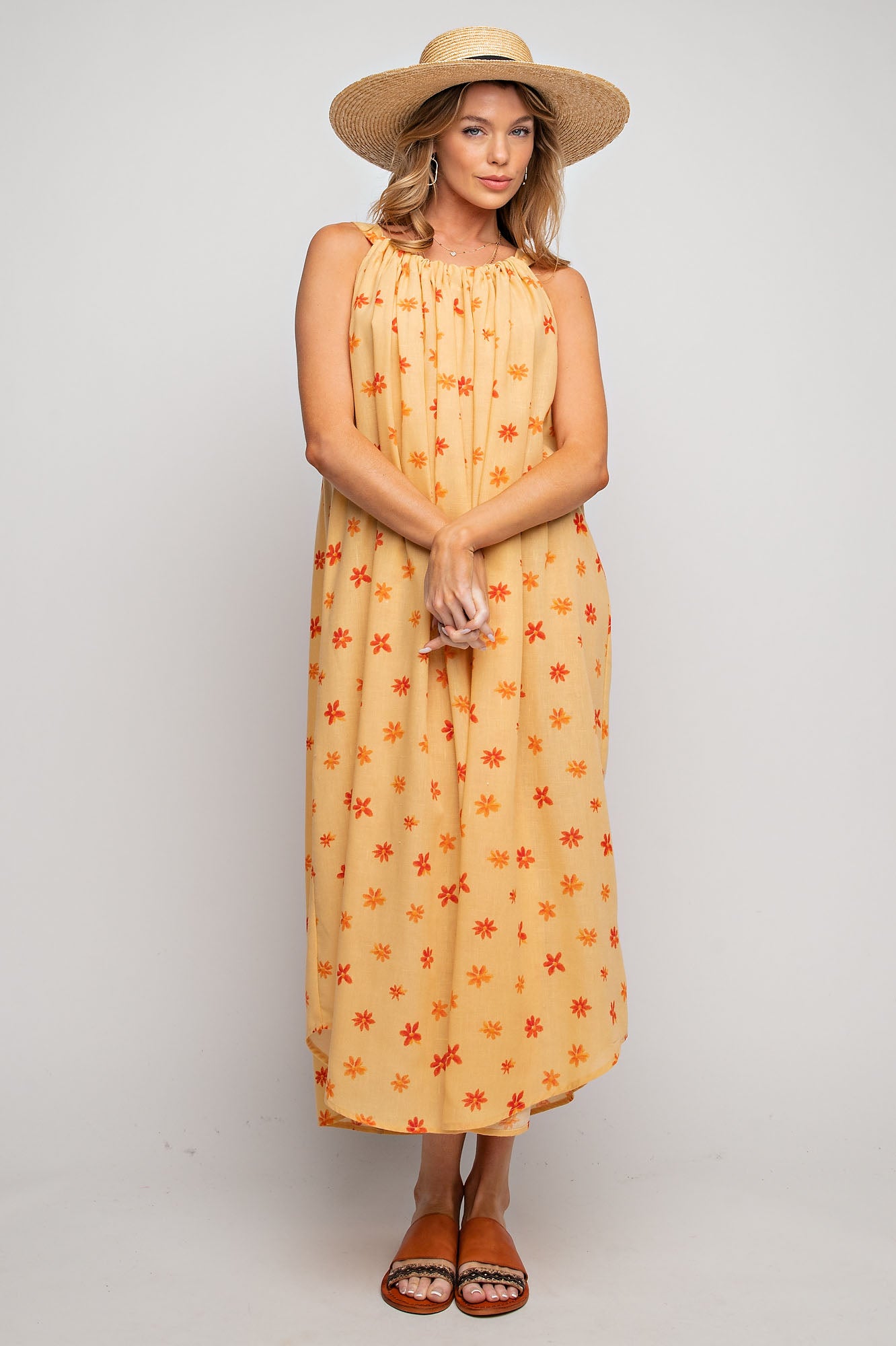 PRINTED POLY LINEN CAMI MAXI DRESS