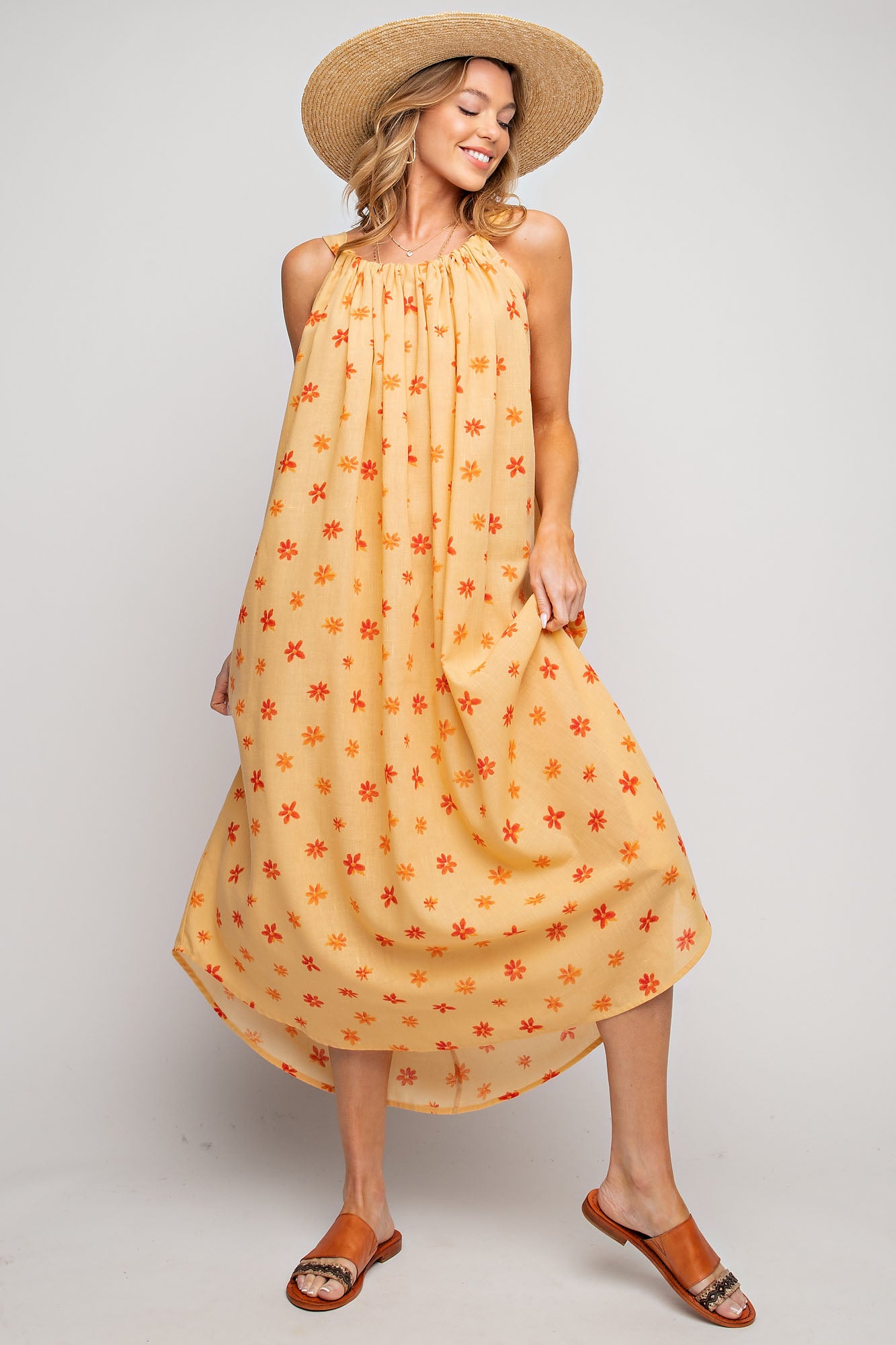 PRINTED POLY LINEN CAMI MAXI DRESS