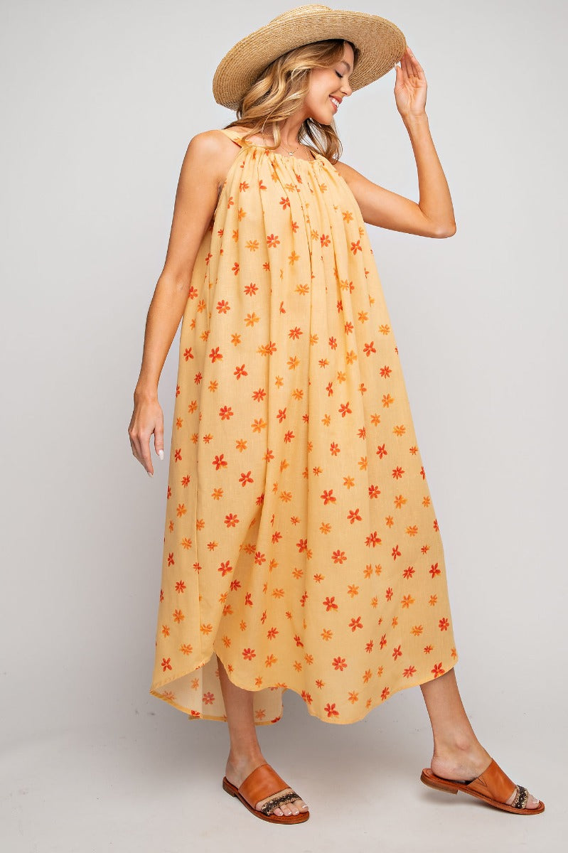 PRINTED POLY LINEN CAMI MAXI DRESS