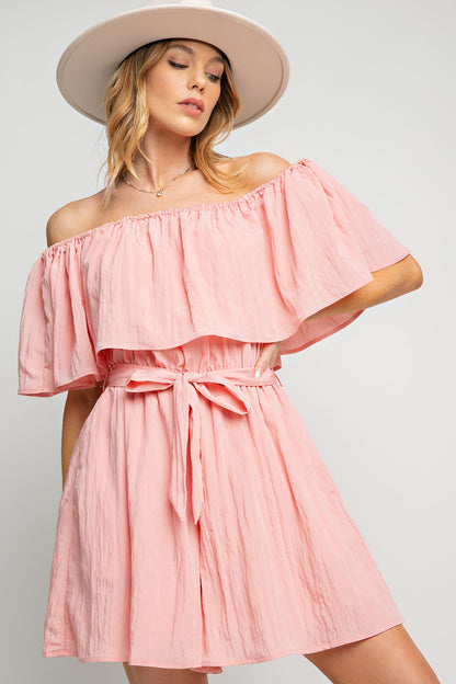 Dull satin off the shoulder Romper