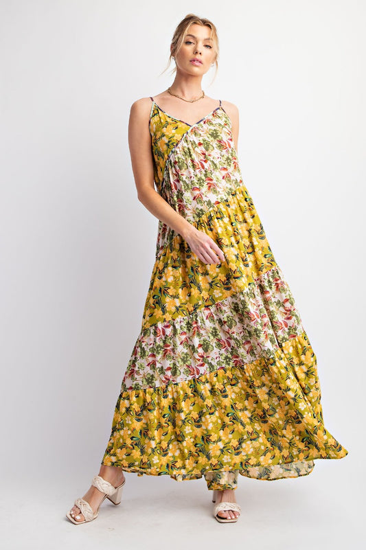 Printed Floral Color Block Flowy Maxi Dress