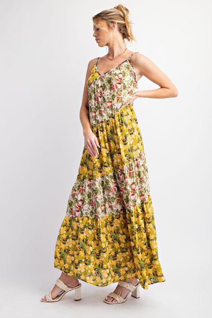 Printed Floral Color Block Flowy Maxi Dress