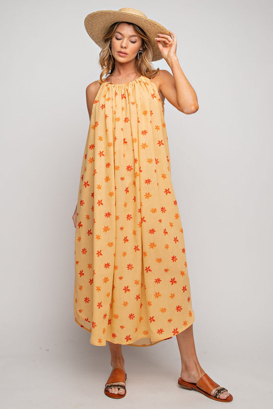 PRINTED POLY LINEN CAMI MAXI DRESS