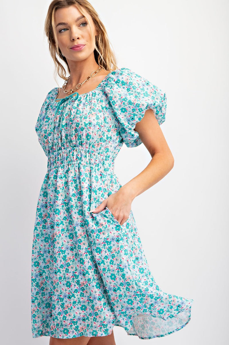 Puff Sleeves Printed Poly Crepe Dress
