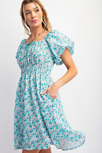Puff Sleeves Printed Poly Crepe Dress